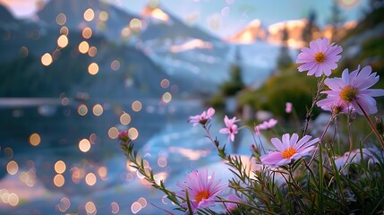 Sticker - Beautiful flowers grow abundantly on the shores of a calm lake and beautiful mountains in the background.