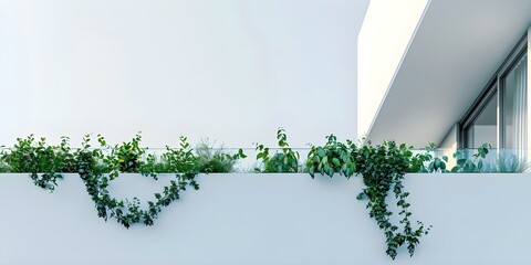 Wall Mural - A modern balcony with lush green plants against a white wall boasting a breathtaking view. Concept Modern Balcony Design, Green Plants, White Wall, Breathtaking View