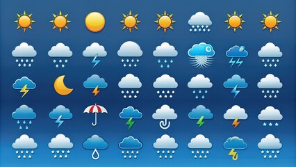 a collection of various weather icons representing different meteorological conditions such as sun, 