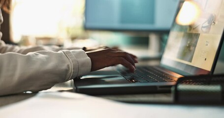 Poster - Girl, hands and typing on laptop for web design or business homepage for event planning company or agency. Woman, online and portfolio display for project or brand identity, home office and website.