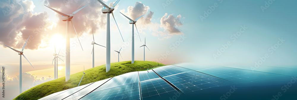 renewable energy banner background with green energy as wind turbines ...