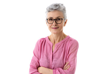 a woman with glasses and pink shirt