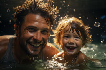 Canvas Print - A father helping his child overcome their fear of swimming, patiently guiding them through each stroke in the pool. Concept of overcoming challenges and parental reassurance. Generative Ai.