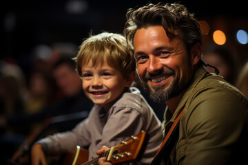 Wall Mural - A dad attending his child's music recital, listening proudly as they showcase their talent on stage. Concept of parental encouragement and artistic support. Generative Ai.