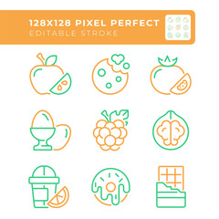Wall Mural - Food shopping two color line icons set. Meal planning. Retail store. Supermarket goods. Grocery list bicolor outline iconset isolated. Duotone pictograms thin linear. Editable stroke