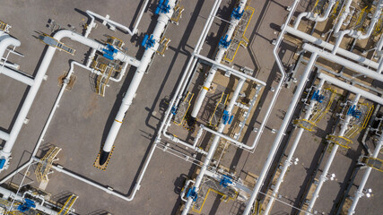 Aerial view natural gas pipeline, High pressure pipes gas plant pipelines, Industry natural gas pipeline with high pressure compressor station energy transportation infrastructure, Gas plant station.