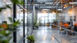 © Lucky Ai - Beautiful blurred background of a modern office interior in gray tones with panoramic windows, glass partitions and orange color accents.