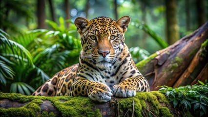 Canvas Print - Jaguar resting on a rock in the rainforest, leopard relaxing on timber with moss, looking at the camera , wildlife, nature