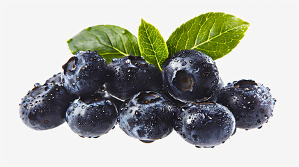 Wall Mural - Fresh Blueberries with Dew Drops and Leaves.