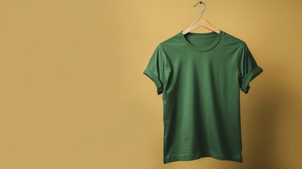 Wall Mural - A stylish women's green T-shirt hanging on a wooden hanger against a beige background.