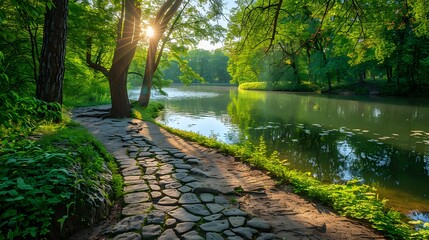 Wall Mural - Beautiful colorful summer spring natural landscape with a lake in Park surrounded by green foliage of trees in sunlight and stone path in foreground.