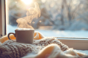 Warm Cup of Coffee on a Snowy Winter Day.