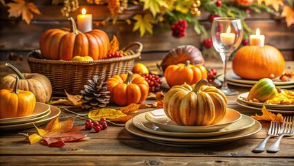 Sticker - Autumnal harvest table set with pumpkins, plates, and a warm ambiance , pumpkins, autumn, harvest, table decor, plates