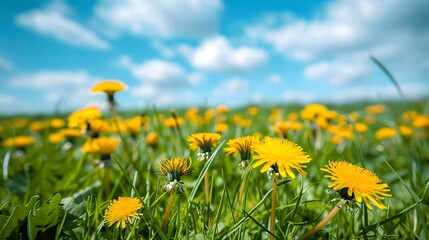 Wall Mural - Beautiful meadow field with fresh grass and yellow dandelion flowers in nature against a blurry blue sky with clouds. Summer spring perfect natural landscape.