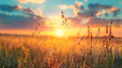 Wall Mural - Beautiful natural panoramic countryside landscape. Blooming wild high grass in nature at sunset warm summer. Pastoral scenery. Selective focusing on foreground.