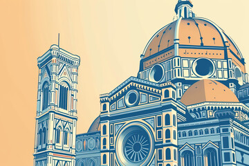 Wall Mural - Risograph riso print travel poster, card, wallpaper or banner illustration, modern, isolated, clear and simple of Florence Cathedral (Duomo), Florence, Italy. Artistic, screen printing, stencil