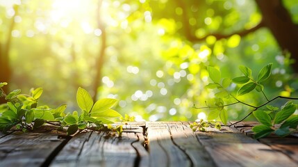 Wall Mural - Wooden Table With Green Plants and Blurred Background