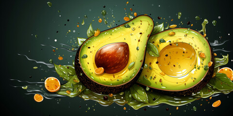 Wall Mural - An illustration of a halved avocado, surrounded by a dynamic arrangement of leaves and small citrus fruits.