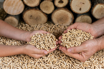 Child's and man's hands hold wooden pellets in front of a wall of wood