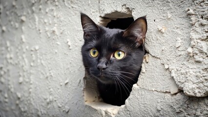 Canvas Print - Black cat peeking through a hole in the wall, black cat, hole, wall, looking, curious, feline, pet, peeking, spying, hidden