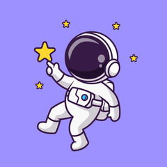 Wall Mural - cute astronaut touching star in space cartoon vector icon illustration. science technology icon conc