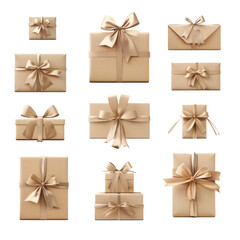 Wall Mural - collection of assorted-sized beige birthday gift boxes, each with a unique wrap and ribbon, on a white background.