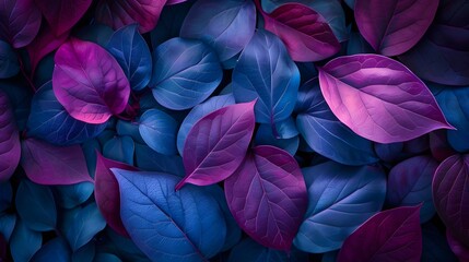 Wall Mural - Natural macro texture of beautiful leaves toned in blue and purple pink tones. Flat lay.