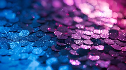 Wall Mural - Sequins close-up macro. Abstract background with blue sequins and lilac color on the fabric. Texture scales of round sequins with color transition.