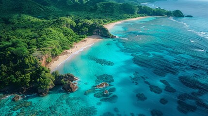 A beautiful beach with a rocky island in the background