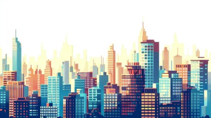 Wall Mural - Vibrant Digital Illustration of Urban Skyline at Sunset