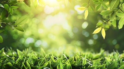 Wall Mural - Spring summer background with frame of grass and leaves on nature. Juicy lush green grass on meadow in morning sunny light outdoors, copy space, soft focus, defocus background.