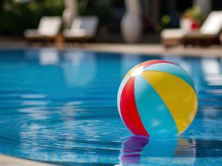 Summertime vacation backdrop featuring a vibrant beach ball floating in an opulent swimming pool and text space