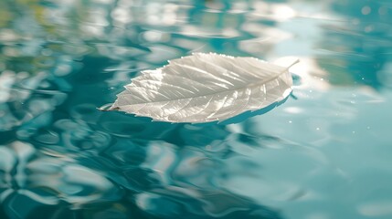 Wall Mural - White transparent leaf on mirror surface with reflection on turquoise background macro. Artistic image of ship in water of lake. Dreamy image nature, free space