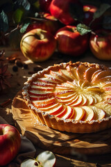 Freshly baked apple pie with apples and cinnamon decorated around with sugar on top, baking recipe and pastry concept background.