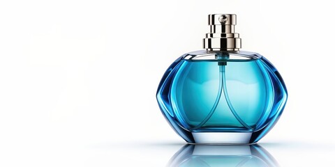 Wall Mural - Elegant blue style perfume bottle on a white background, fragrance, scent, luxury, beauty, cosmetic, glass, design, stylish