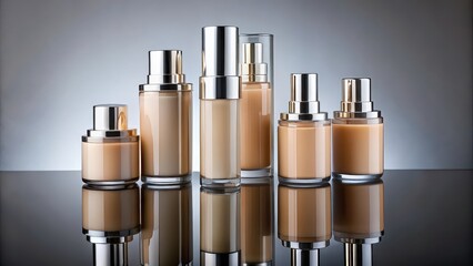 Poster - photoshoot of high end foundation cream bottles on mirrored surface with reflection, makeup, beauty, cosmetics, luxury