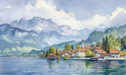 Watercolor village Weggis, lake Lucerne , Pilatus mountain and Swiss Alps in the background near famous Lucerne city, Switzerland