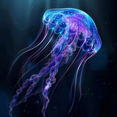A large, colorful jellyfish with purple