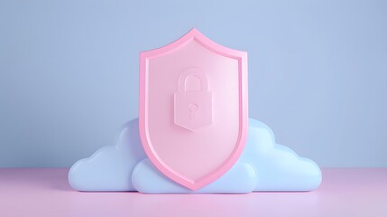 A pink shield with a security lock icon in front of soft blue clouds, symbolizing cloud security and data protection.