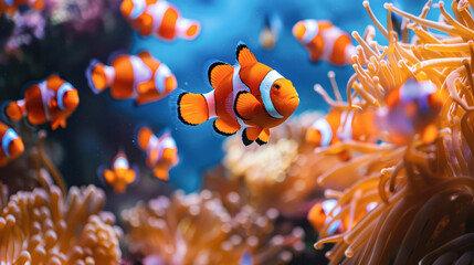 Close up shot of a school of orange clown fish, red coral reef in the background, Generative AI