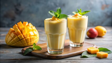 Two glasses of mango milkshake with a vibrant and attractive presentation, refreshing, creamy, fruity, delicious, beverage