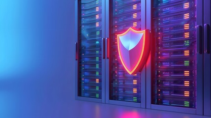 Wall Mural - Data center server racks with cybersecurity protection, showcasing a glowing shield symbolizing advanced digital data security.