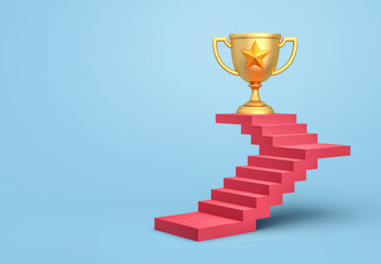 golden trophy cup with star at the top of the stairs. business success concept. clipping path includ