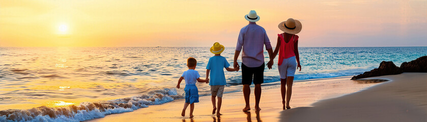 A family of four is walking on the beach at sunset