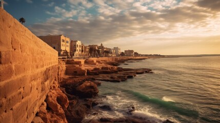 Sticker - A rocky shoreline with a large tower in the distance