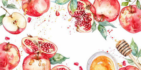 Watercolor style illustration of apples, honey, and pomegranates symbolizing Rosh Hashanah.