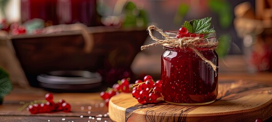 Wall Mural - A jar of redcurrant jam placed on a wooden cutting board. The jam jar is decorated with a bow made of thin rope. 