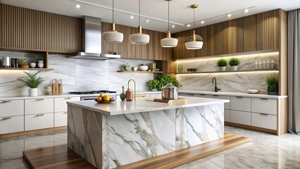 Marble countertop and product display stand in modern kitchen interior, marble, countertop, product, display, stand, kitchen