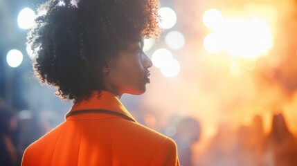 Sticker - A model with afro hair, dressed in orange, walks the runway at a fashion show. The background is a blur of bright lights, creating a dramatic and stylish effect