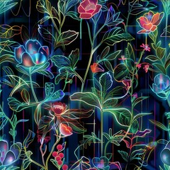 Wall Mural - Vibrant Neon Botanical Patterns on Dark Background